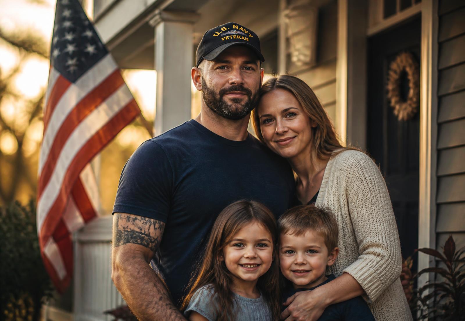 Veteran standing with his family on their front porch at sunset